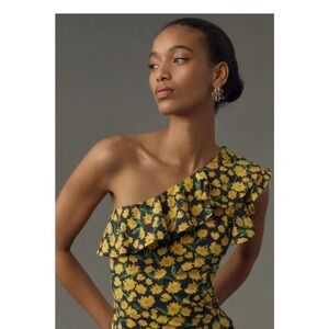 NWT Anthropologie Maeve One-Shoulder Ruffled Top L Sunflower Floral Black